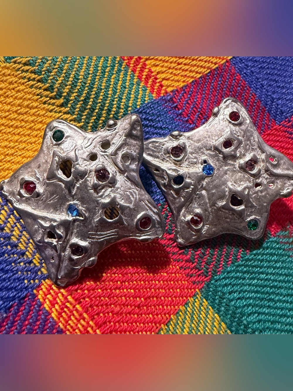 Vintage Large  Silver Star Earrings with Multicolored Gems